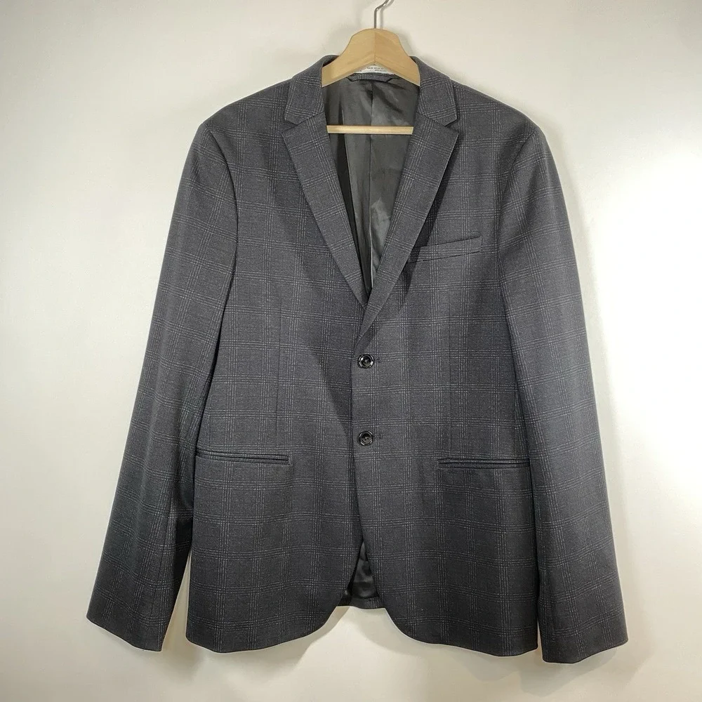 Zara Mens Gray Plaid Check Sport Coat Suit Blazer Jacket Size 40 Two Button